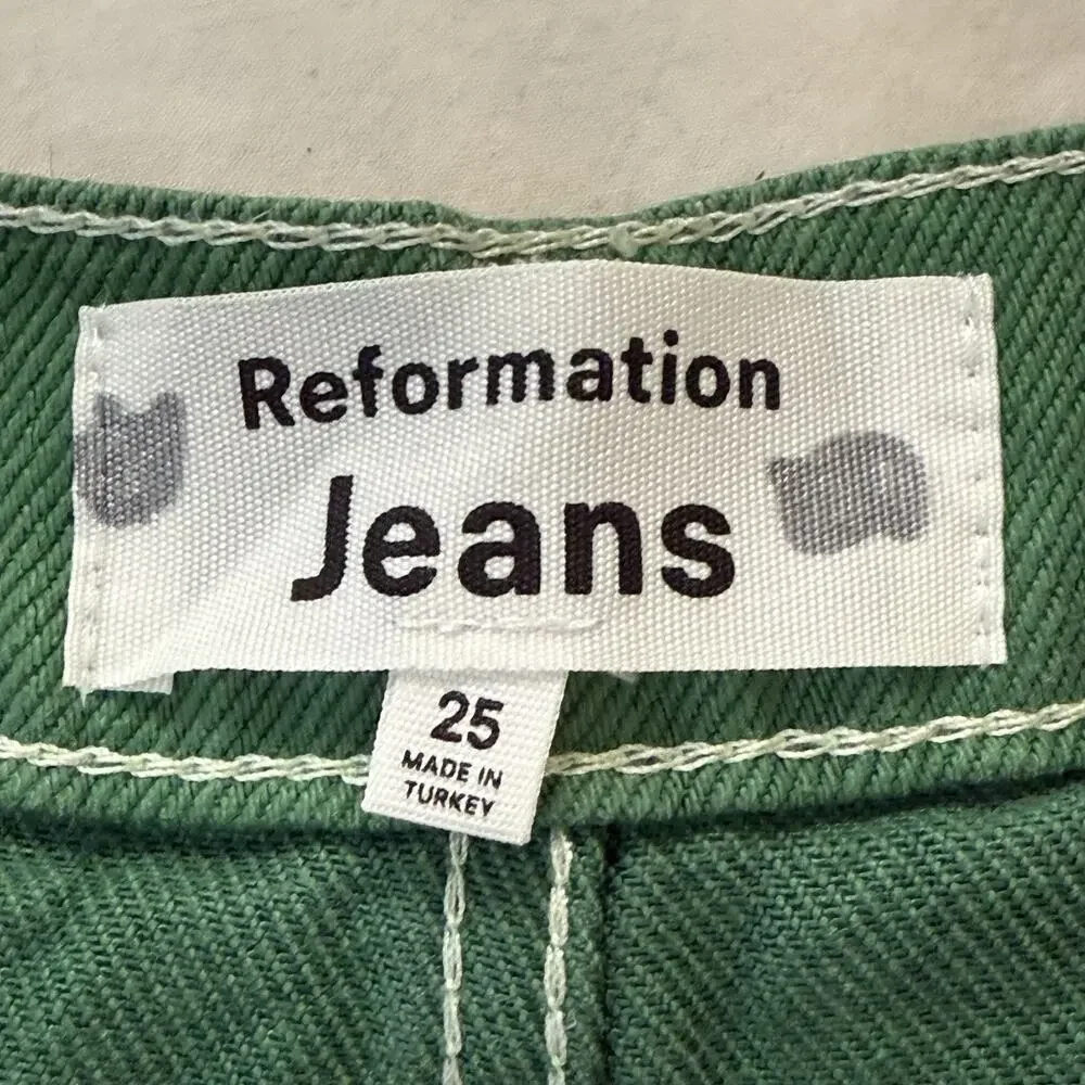 Reformation Cowboy High Rise Denim Mini Skirt Green‎ Size 25 Button Fly